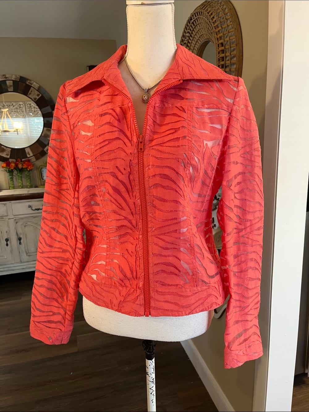 Talk of the Walk Coral Zebra-Print Zip Jacket